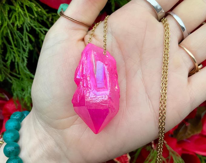 CLEARANCE! ~ Aura Quartz Crystal Necklace ~ 2 " Long ~ One-of-a-Kind Natural Crystal ~ Sparkling Pink Elestial Quartz