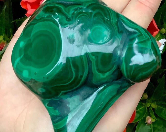 Malachite Freeform Crystal ~ Large 14.8 oz. ~ 3" Long ~ Beautiful Polished Green Mineral Specimen ~ Swirling Bullseye Patterns ~ Congo