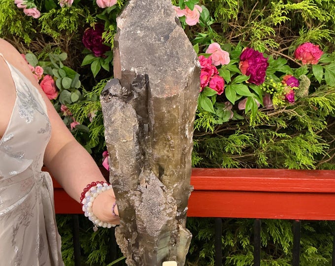 Black Morion Quartz Display Crystal 10 Lb. 4 oz. Single-Terminated Point Cluster ~ 17" Tall ~Natural Black Color ~ Custom Hand Carved Stand