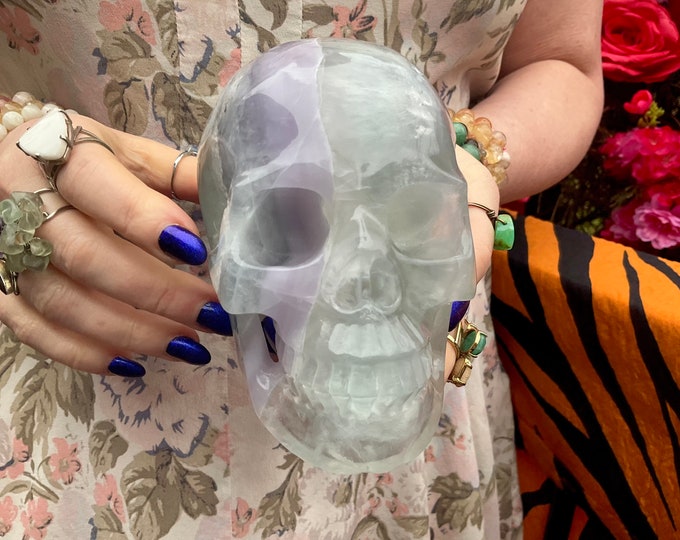 Rainbow Fluorite Crystal Skull ~ Large 3 Lb. 5 oz. ~ 5" Tall ~ Hand Carved Sculpture ~ Translucent Purple Rainbow Colors ~ Free Standing