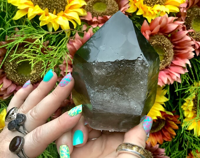 Smokey Quartz Crystal Generator ~ Large 1 Lb. 8 oz. ~ 3 1/2 " Tall ~ Sparkling Black Point ~ Reiki, Altar Display ~ Fast & Free Shipping USA