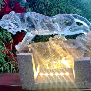 May include: A clear quartz tiger sculpture, illuminated from below, is mounted on a rectangular base. The tiger is depicted in a dynamic pose, with its mouth open. The base has a series of lights. The background features greenery and red flowers.