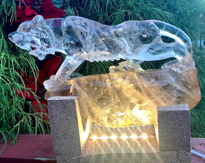 Clear Quartz Tiger Crystal Carving ~ Large 8 lb. 4 oz. ~ 10" Long ~ w/ Custom Handmade Wooden Lighted Display Stand ~ Nightlight, Home Decor
