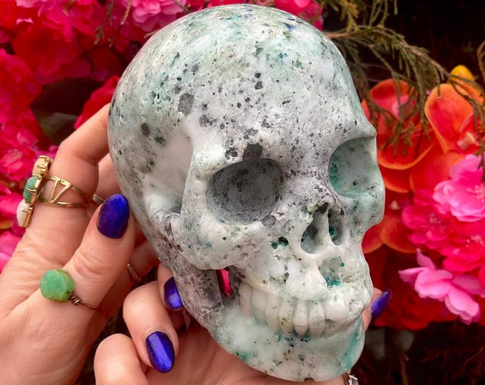 Chrysocolla Crystal Skull ~ 2 Lb. 14 oz. ~ Swirling Green & Blue Colors ~ 5" Long ~ Expertly Hand-Crafted Sculpture ~ Throat Chakra Display