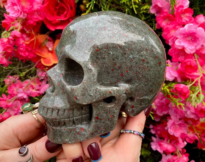 African Bloodstone Crystal Skull ~ 3 Lb. ~ 6" Long ~ Red and Green Colors Stone ~ Hand-Crafted Display Sculpture ~ Fast & Free Shipping, USA