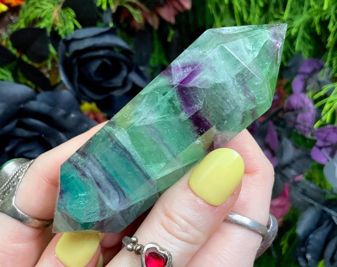 Rainbow Fluorite Double Terminated Wand ~ Large 5.2 oz. ~ 4" Long ~ Clear, Green, Purple ~ Fast & Free Shipping, USA + Global Shipping
