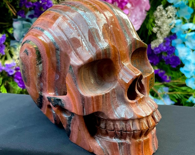 Tigers Eye Crystal Skull ~ Large 3 Lb. 2 oz. ~ 5" Long ~ One-of-a-Kind Carving ~ Colorful Swirling Golden Red Brown & Black Hematite Stripes