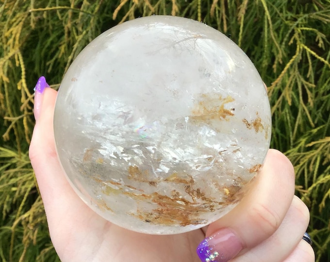 Clear Quartz Crystal Ball ~ Large 1 Lb. 3 oz. ~ Golden Healer & Silver Inclusions ~ 3" Wide ~ Sparkling Rainbow Prisms ~ Metaphysical Decor