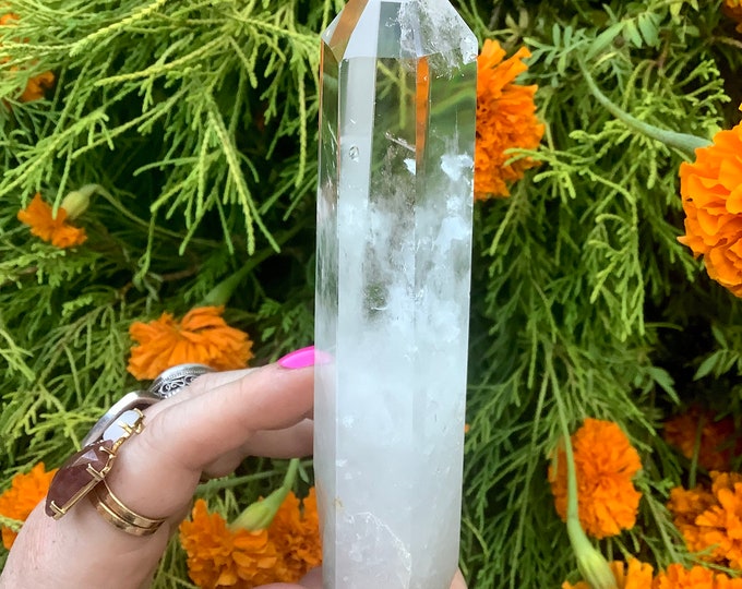 Ultra Clear Quartz Crystal Wand ~ High Altitude Himalayan Point ~ Large 10 oz. ~ 7" Long ~ Museum Quality ~ Big Sparkling Rainbow Inclusions