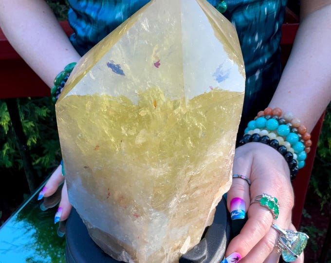 Clear Citrine Quartz Crystal Point ~ 9 Lb.  14 oz. ~ 8" Tall~ Sparkling Yellow with Golden Rainbow Inclusions ~ Custom Hand Carved Stand