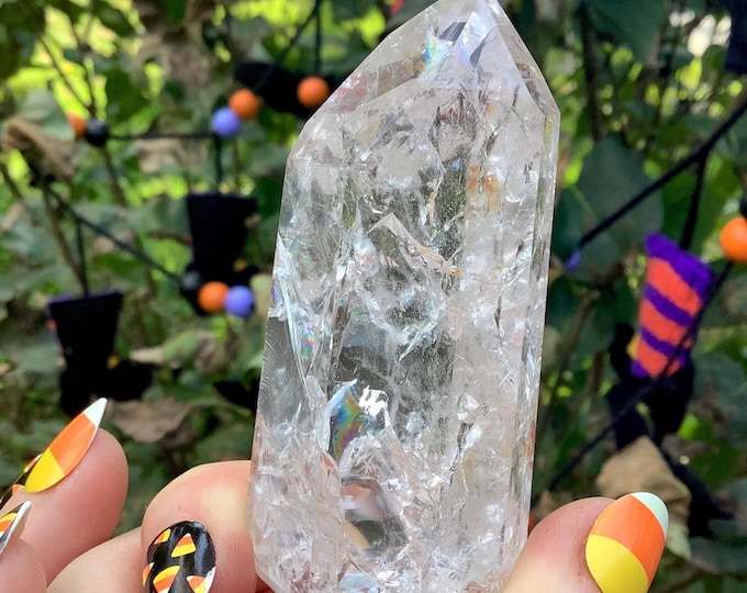 Clear Quartz BRAZILIAN Crystal Generator ~ 3.7 oz. ~ 3" Tall ~ Gem Cut "Fire and Ice" Point ~ Ultra Sparkling Rainbows