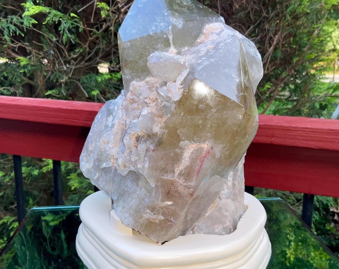Clear Citrine Quartz Crystal Point ~ 10 Lb.  2 oz. ~ 8" Tall~ Sparkling Yellow with Golden Rainbow Inclusions ~ Custom Hand Carved Stand