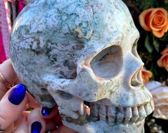 Ocean Agate Crystal Skull ~ 2 Lb. 12 oz. ~ 5" Long ~ Swirling White, Green, Lilac colors ~ Metaphysical Home Decor ~ Fast & Free Shipping