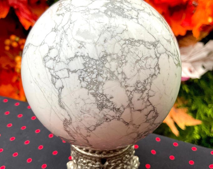 White Howlite Crystal Ball ~ with Ornate Decorative Display Stand ~ Large 1 Lb. 9 oz. ~ 3" Wide ~ Fast & Free Shipping USA + Global Shipping