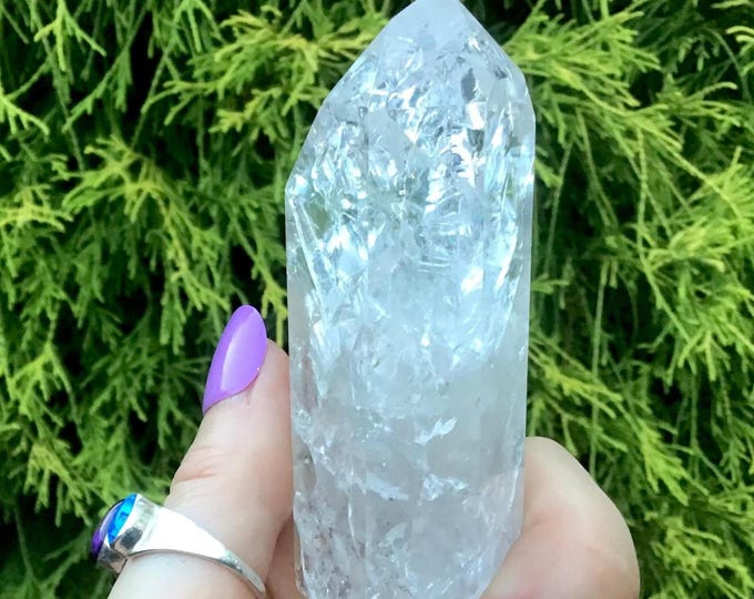 Ultra Clear Quartz Crystal Generator ~ 4 oz. ~ 3" Tall ~ Swirling Rainbow Inclusions ~ "Fire and Ice" Quartz ~ Super Sparkling ~