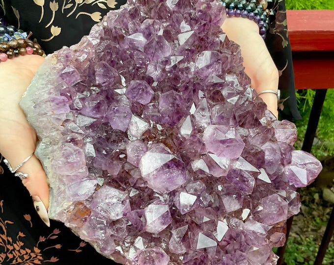 Amethyst Crystal Cluster ~ Large 7 lb. 11 oz. ~ 10" Long ~ Cacoxenite Inclusions ~ Crown Chakra Reiki Altar Display ~ Fast & Free Shipping