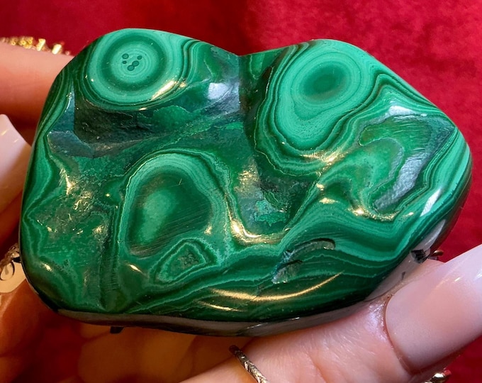 Malachite Freeform Crystal ~ Large 5 oz. ~ 2 1/2" Long ~ Beautiful Polished Green Mineral Specimen Display ~ Swirling Bullseye Patterns