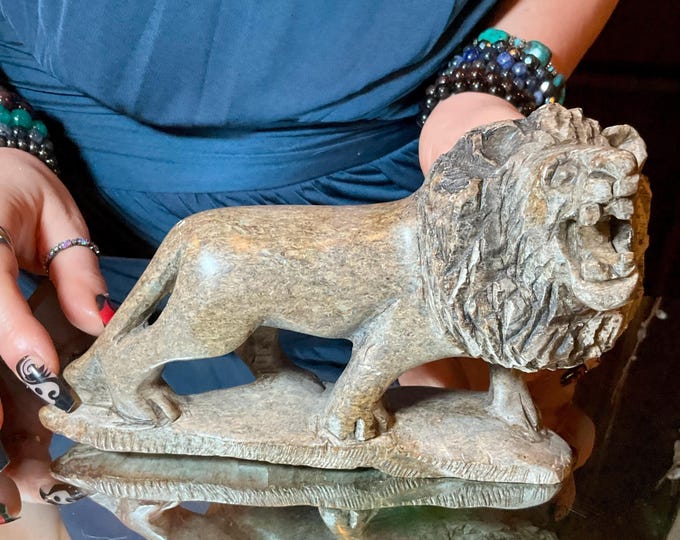 Serpentine African Lion ~ 2 Lb. 8 oz. ~ 7" Long ~ Vintage Hand Carved Zimbabwean Sculpture ~ Swirling Natural Earth Colors ~ Shona Stone