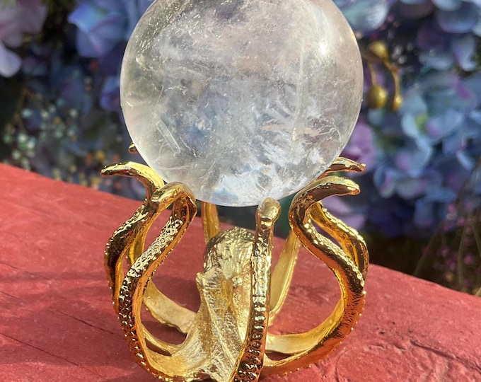 Brazilian Clear Quartz Crystal Ball ~ 3 oz. Polished Sphere with Gold Octopus Display Stand ~ 1 1/2" Wide ~ Sparkling Rainbow Inclusions