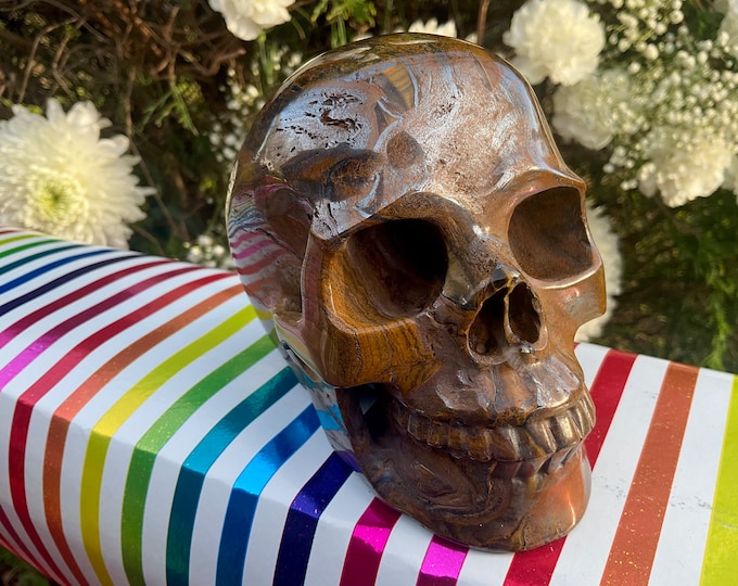 Tigers Eye Crystal Skull ~ Large 3 Lb. 9 oz. ~ 5" Long ~ One-of-a-Kind Carving ~ Swirling Golden Red Brown & Black Colors ~ Fast Shipping