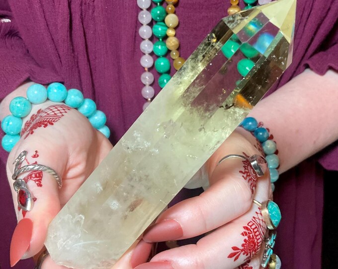 High Altitude Himalayan Citrine Quartz Crystal Wand ~ Large 9 1/2 oz. ~ 5 1/2" Long ~ Clear Natural Colors, Sparkling Rainbow Inclusions