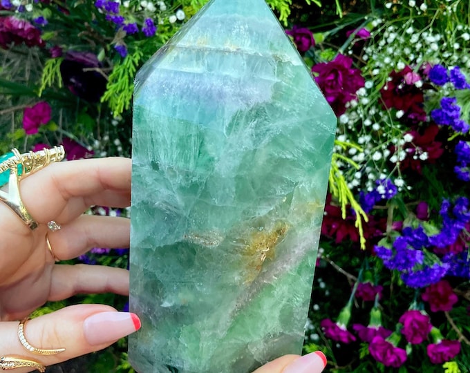 Green Fluorite Crystal Generator ~ Large 3 lb. 9 oz. ~ 6" Tall ~ Rainbow Swirling Inclusions