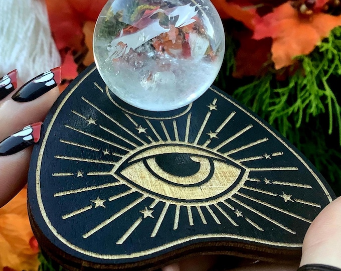 Ultra Clear Quartz Crystal Ball w/ Ouija Planchette Display Stand ~ 3 oz. ~ 1 1/2" Wide ~ Rainbows ~ Reiki, Altar, Crystal Gazing, Scrying