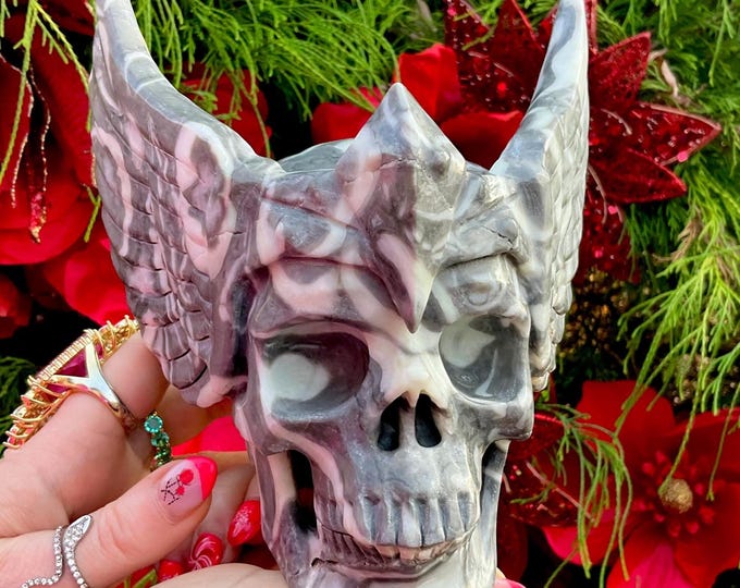Fossilized Jasper Winged Apollo Crystal Skull ~ 4 Lb. ~ 6" Long ~ Hand-Carved Sculpture ~ Swirling Gray & White Colors ~ Expertly Detailed