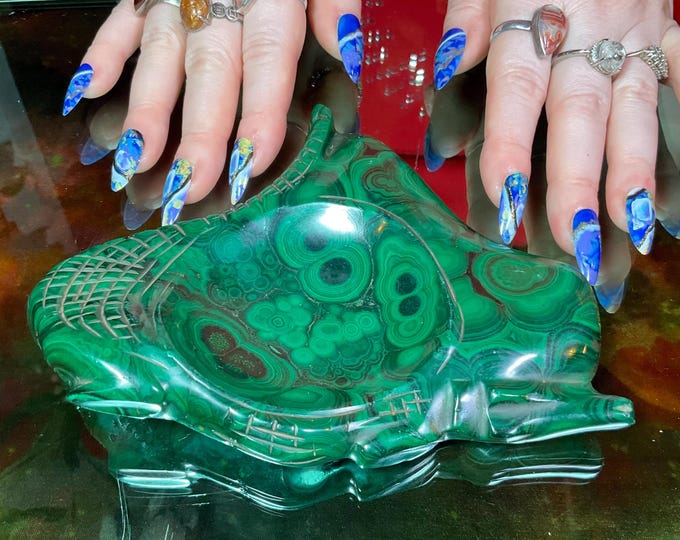 Malachite Alligator Crystal Bowl/Charging Dish ~ 1 Lb. 3 oz. ~ 6" Long ~ Vintage Carving from Congo ~ Swirling Green Bulls Eye Patterns