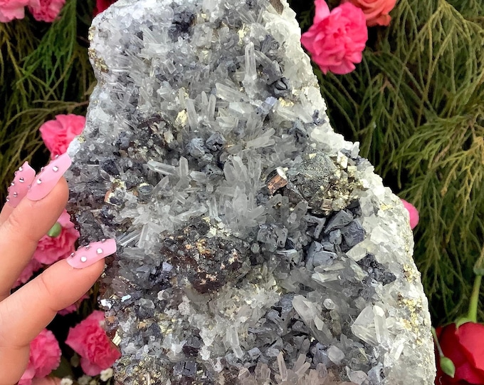 Quartz Crystal Cluster ~ 3 lb. 14 oz. ~ 7 1/2" Long ~ with Sparkling Clear Pyrite, Black Tourmaline & Galena Stunning Clear Points on Matrix