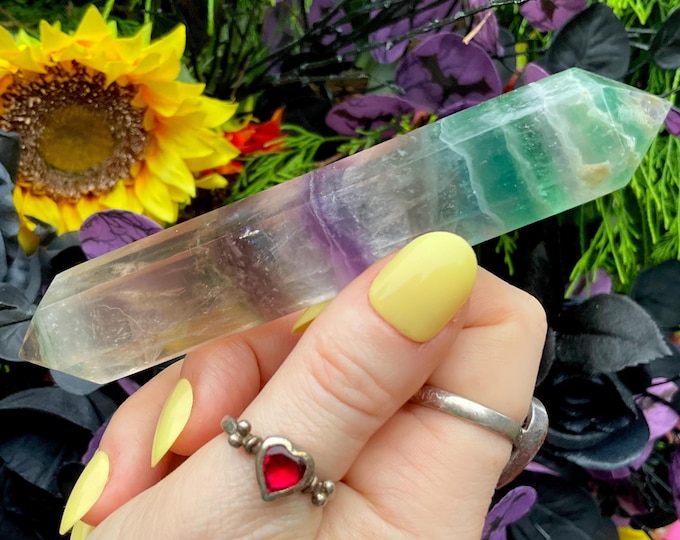 Rainbow Fluorite Double Terminated Wand ~ Large 3.5 oz. ~ 5" Long ~ Clear, Green, Purple ~ Fast & Free Shipping, USA + Global Shipping
