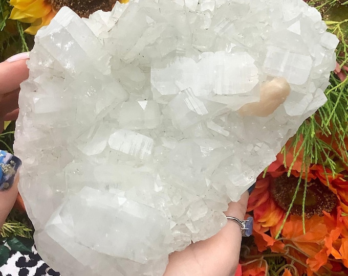 Apophyllite Crystal Cluster ~ Large 4 Lb. 10 oz. ~ 7" Long ~ Stunning Sparkling White/Clear Zeolite Specimen with Peach Stilbite Inclusions