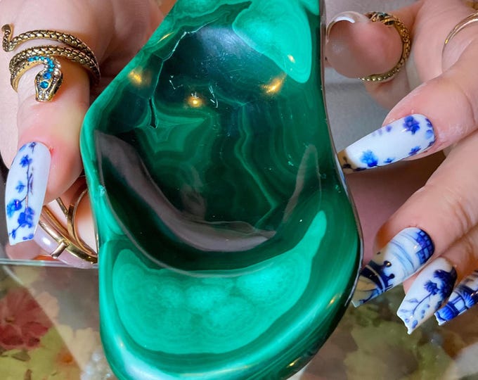Malachite Crystal Bowl ~ 13 oz. ~ 4 1/2" Long ~ Vintage Charging Dish ~ Green Mineral Specimen ~ Swirling Bulls Eye Patterns