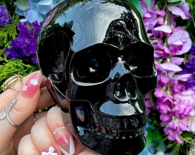 Black Obsidian Crystal Skull ~ Large 2 Lb. 7 oz. ~ 5" Long ~ High Quality ~ Expertly Hand Carved ~ Sparkling Jet-black Sculpture