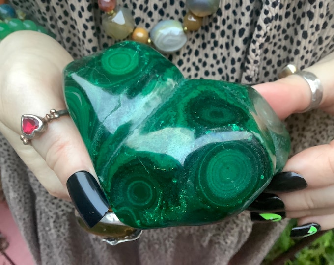 Malachite Freeform Crystal ~ Large 14 oz. ~ 3" Long - Heart Chakra Reiki Healing Altar Display ~ Metaphysical Home Decor