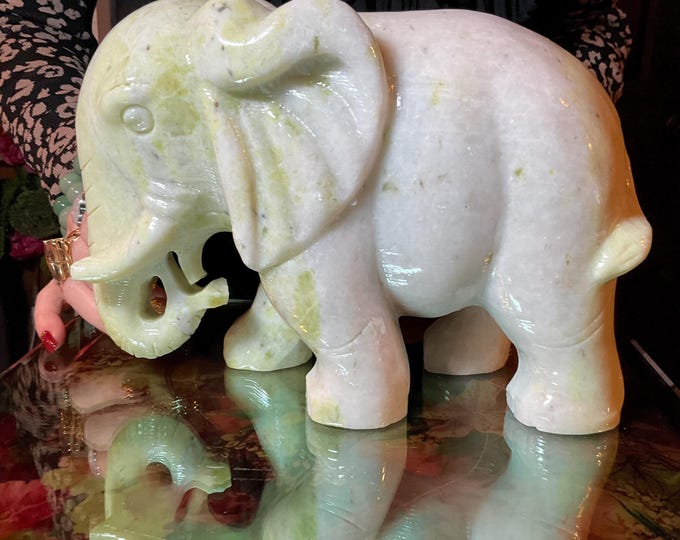 Tremolite Jade Elephant ~ Large 12 Lb. ~ 9" Long ~ Expertly Hand Carved Animal Totem Display Specimen ~ Sparkling Yellow Green Colors