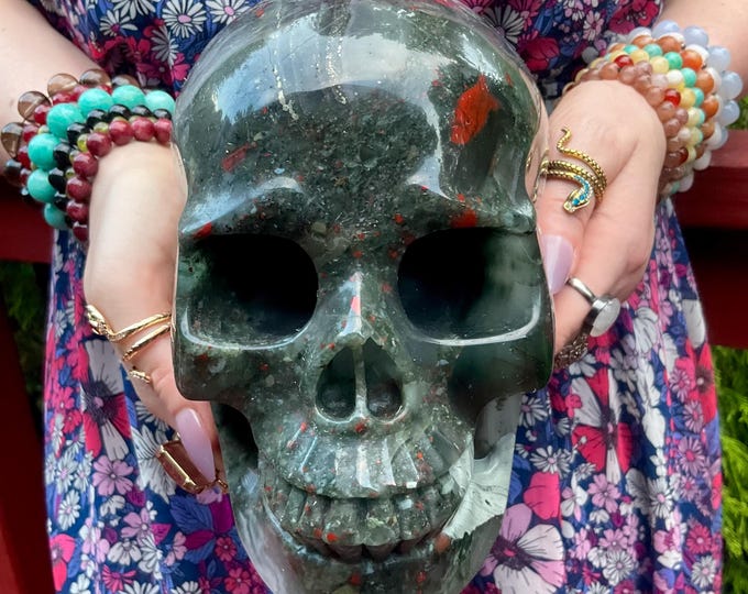 African Bloodstone Crystal Skull ~ 7 Lb. 2 oz. ~ 6" Long ~ Red and Green Colors Stone ~ Metaphysical Home Decor ~ Fast & Free Shipping, USA