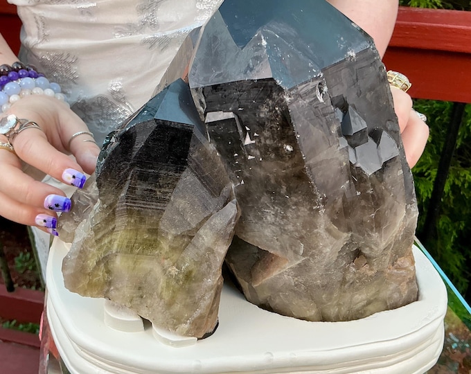 Black Morion Quartz Display Crystal 15 Lb. 13 oz.  Single-Terminated Point Cluster ~ 8" Tall ~Natural Black Color~ Custom Hand Carved Stand