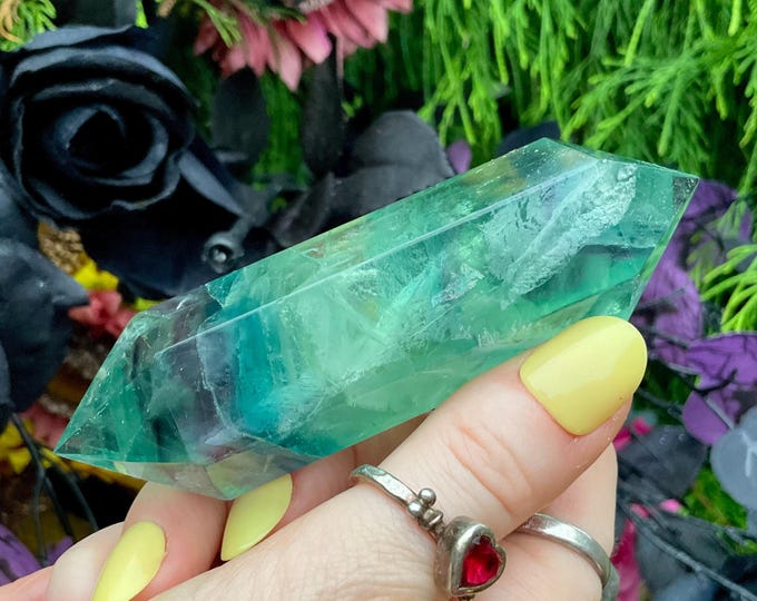 Rainbow Fluorite Double Terminated Wand ~ Large 4.8 oz. ~ 4" Long ~ Clear, Green, Purple ~ Fast & Free Shipping, USA + Global Shipping