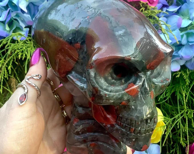 Bloodstone Crystal Alien Skull ~ Large 4 Lb. 9 oz. ~ 6" Long ~ Colorful One-of-a-Kind Carving High Quality ~ Fast & Free Shipping, U.S.A. ~