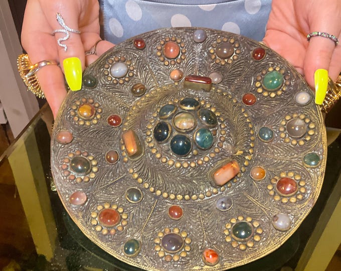 Vintage Agate Inlaid Moroccan Wall Hanging ~ Moorish Dome Top w/ Semi Precious Stones ~ 8" Round Handmade in Morocco
