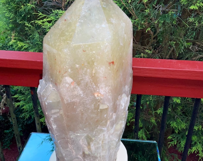 Clear Citrine Quartz Crystal Point ~ 20 Lb.  ~ 12" Tall~ Sparkling Yellow with Golden Rainbow Inclusions ~ Custom Hand Carved Stand