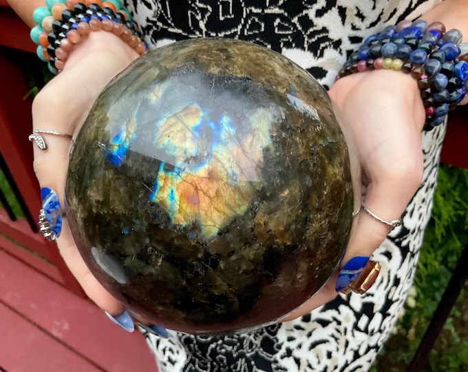 Labradorite Crystal Ball ~ Large 9 Lb. Golden ~ 5" Wide ~ Flashy Iridescent Blue Gold Green Sphere ~ Beautiful Display ~ Fast Free Shipping