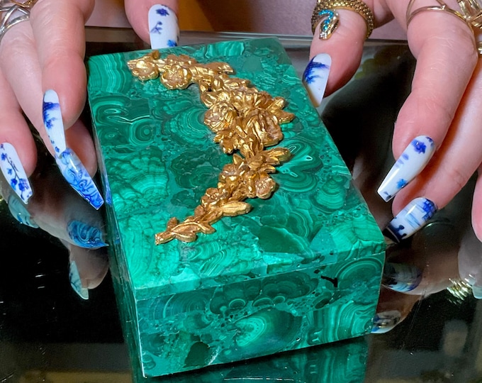 Malachite Jewelry Box with Lid~ 4" Long ~11 oz. Handmade from Russia ~ Dore Bronze ~ Vintage Charging Box ~ Swirling Green & Black Pattern