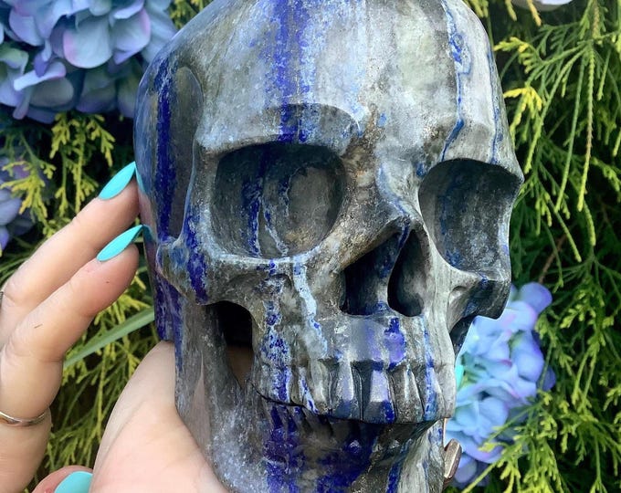 Lapis Crystal Skull ~ Large 5 Lb. ~ 6" Long ~ Hand Carved Sparkling Blue, White Sculpture ~ Fast & Free Shipping, USA + Global Shipping ~