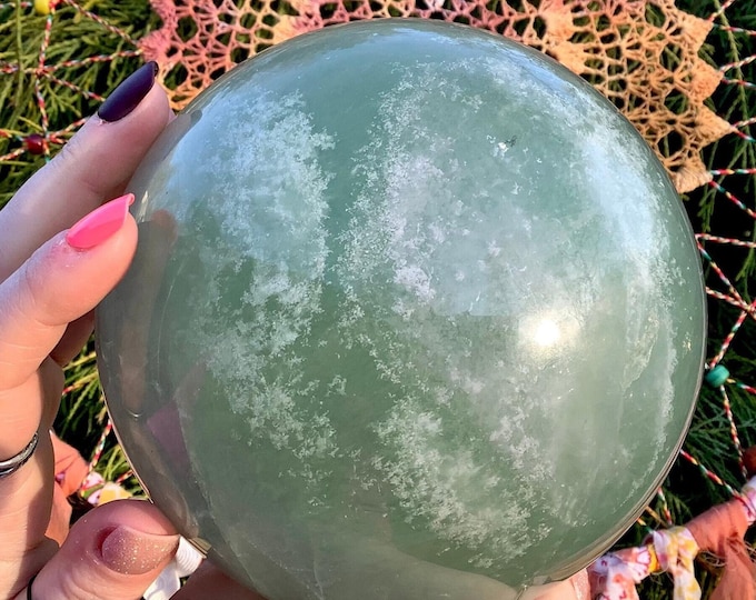 CLEARANCE ~ Green Fluorite Crystal Ball ~ Large 7 Lb. 11 oz. ~5 1/2" Wide ~ Sparkling Blue, Green & Clear ~ Polished Sphere ~ Home Decor