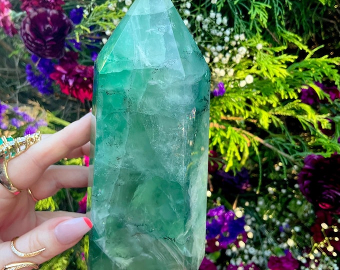 Green Fluorite Crystal Generator ~ Large 2 lb. 15 oz. ~ 7" Tall Tower ~ Free-Standing Pillar ~ Fast & Free Shipping
