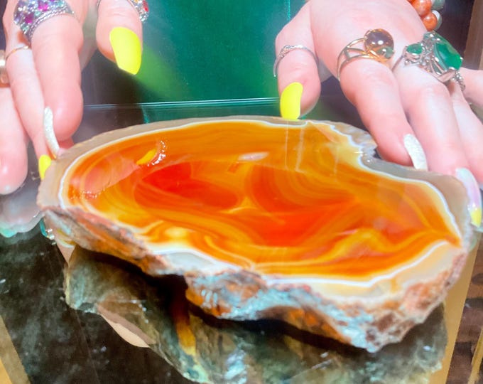 Orange Carnelian Agate Crystal Bowl ~ Large 1 Lb. 2 oz. ~ 6" Wide ~ Natural Polished Mineral Gemstone Jewelry Dish ~ Altar Display