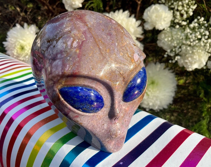 Ocean Jasper Alien Skull Crystal ~ Large 2 Lb. 10 oz. ~ 4" Long with Blue Lapis Lazuli Eyes ~ One-of-a-Kind Color ~ Hand Crafted Sculpture