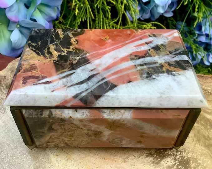 Rhodonite Crystal Jewelry Box ~ 4" Long ~ with Hinged Lid ~ Vintage Hand Crafted with Prehnite Inserts ~ Colorful Pink White & Black Color